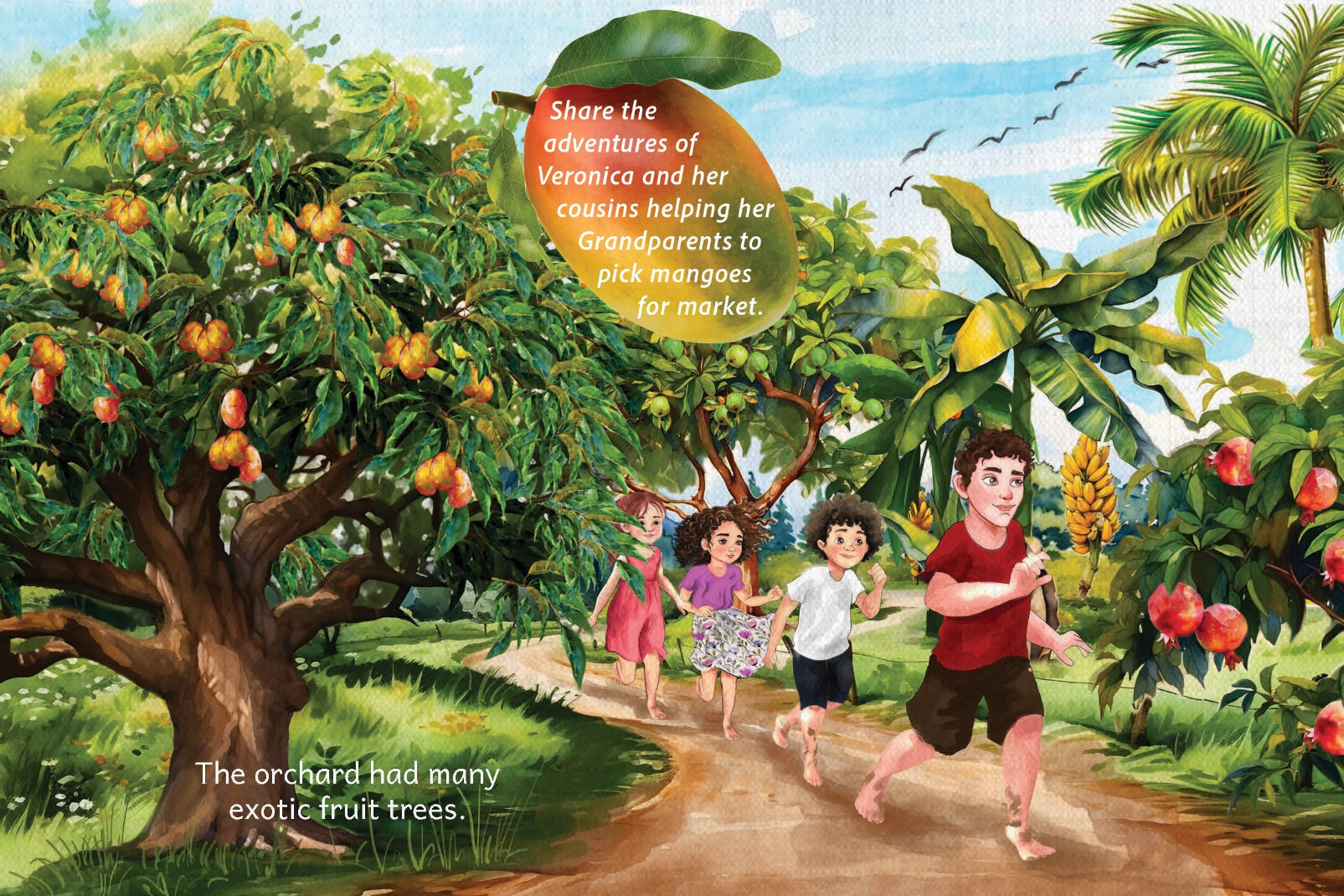 Children's illustration of children in an orchard with fruit trees and text overlay.