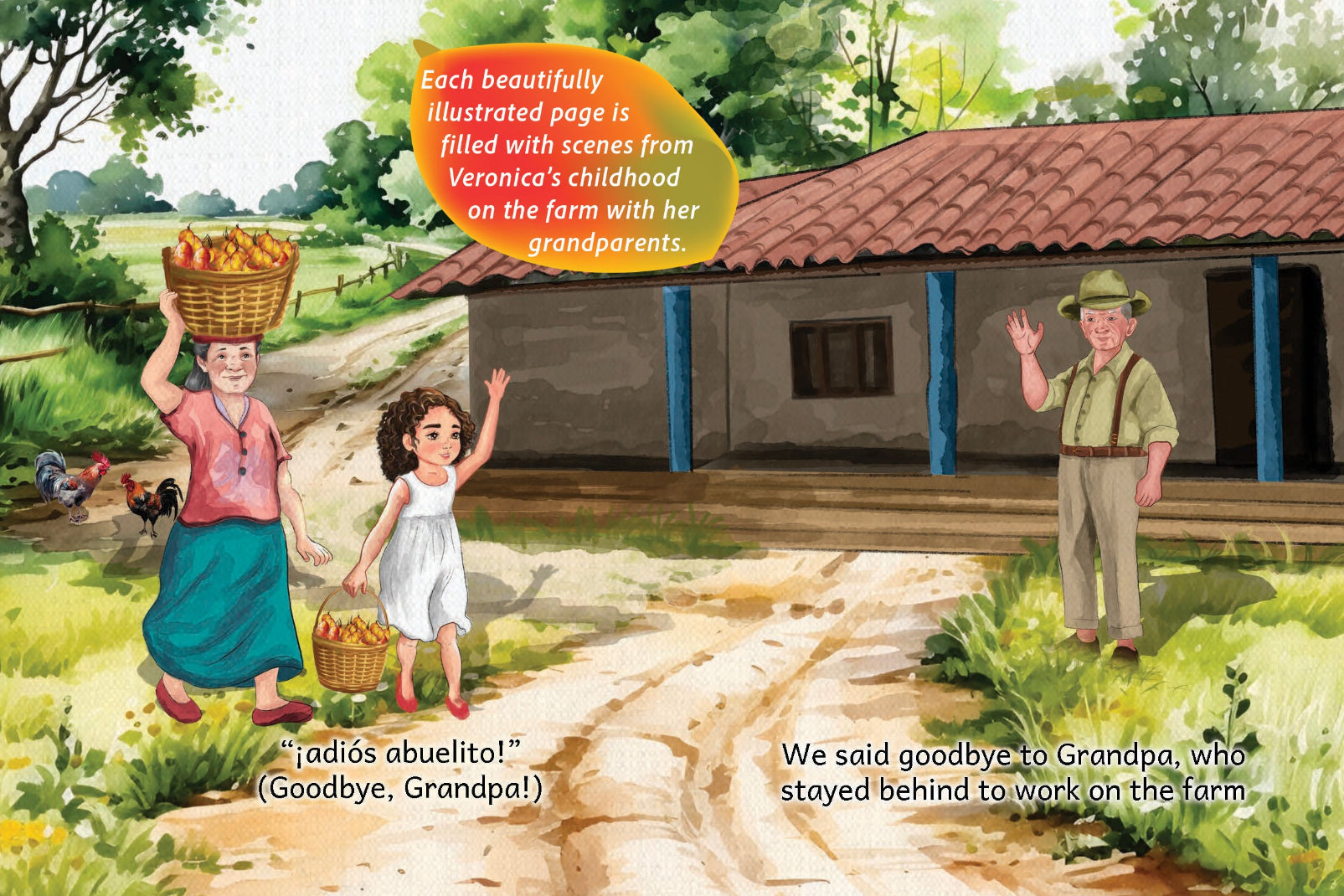 Illustration of a woman, child, and man on a farm with text overlay.