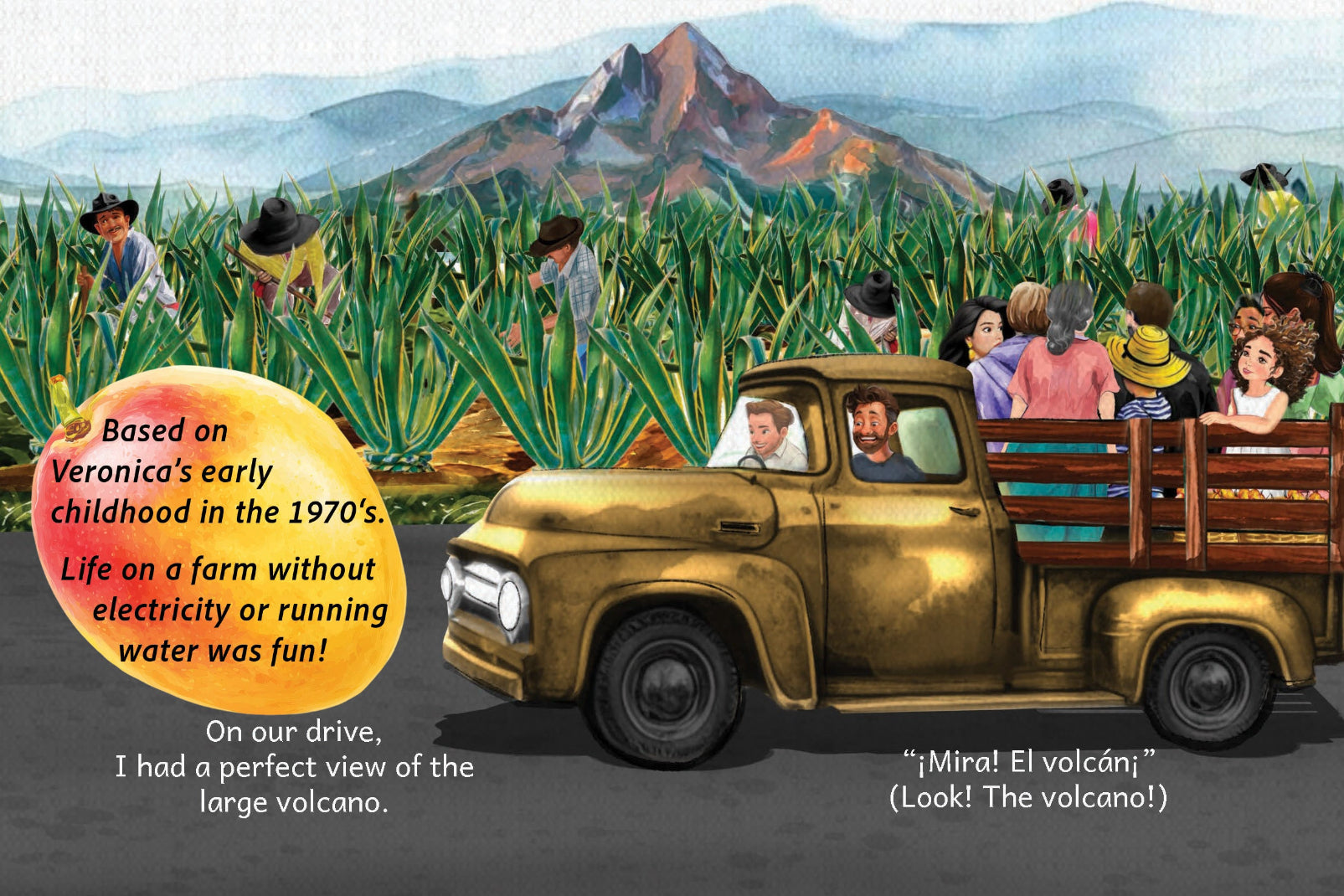 Illustration of a vintage truck with people in a field, featuring text about a farm experience.